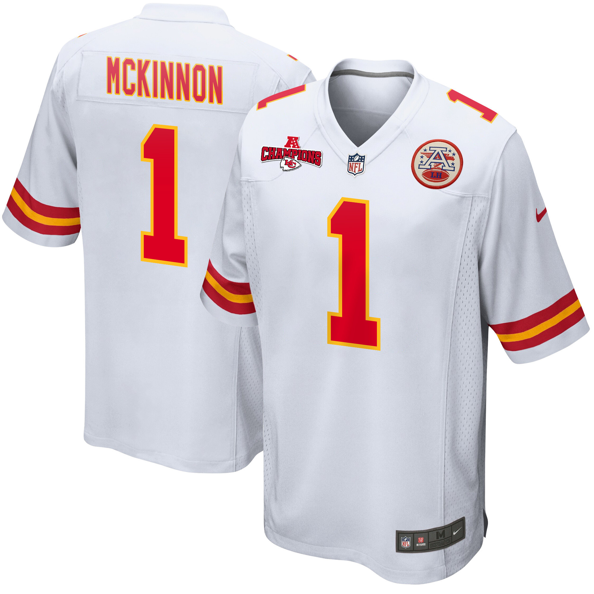 Jerick McKinnon 1 Kansas City Chiefs AFC Champions Patch Game Men Jersey - White JS4308 nicesnker