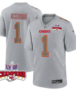 Jerick McKinnon 1 Kansas City Chiefs Super Bowl LVIII Champions 4 Stars Patch Atmosphere Fashion Game Men Jersey - Gray JS3242 nicesnker