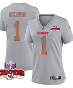 Jerick McKinnon 1 Kansas City Chiefs Super Bowl LVIII Champions 4 Stars Patch Atmosphere Fashion Game Women Jersey - Gray JS6225 nicesnker