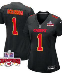 Jerick McKinnon 1 Kansas City Chiefs Super Bowl LVIII Champions 4 Stars Patch Fashion Game Women Jersey - Carbon Black JS9988 nicesnker