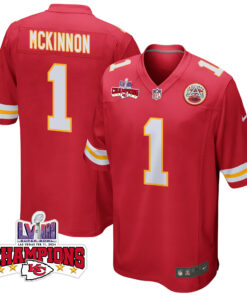Jerick McKinnon 1 Kansas City Chiefs Super Bowl LVIII Champions 4 Stars Patch Game Men Jersey - Red JS7000 nicesnker