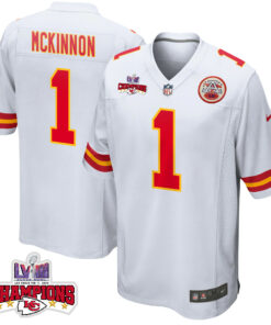 Jerick McKinnon 1 Kansas City Chiefs Super Bowl LVIII Champions 4 Stars Patch Game Men Jersey - White JS5615 nicesnker