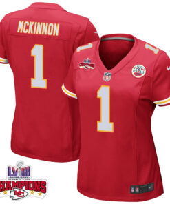 Jerick McKinnon 1 Kansas City Chiefs Super Bowl LVIII Champions 4 Stars Patch Game Women Jersey - Red JS2705 nicesnker
