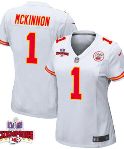 Jerick McKinnon 1 Kansas City Chiefs Super Bowl LVIII Champions 4 Stars Patch Game Women Jersey - White JS5629 nicesnker