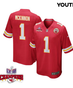 Jerick McKinnon 1 Kansas City Chiefs Super Bowl LVIII Champions 4 Stars Patch Game YOUTH Jersey - Red JS7811 nicesnker