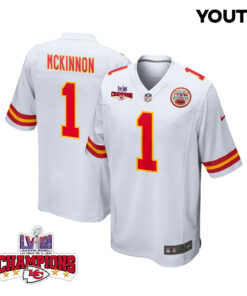 Jerick McKinnon 1 Kansas City Chiefs Super Bowl LVIII Champions 4 Stars Patch Game YOUTH Jersey - White JS9645 nicesnker