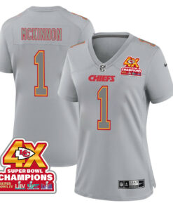 Jerick McKinnon 1 Kansas City Chiefs Super Bowl LVIII Champions 4X Atmosphere Fashion Game Women Jersey - Gray JS7623 nicesnker