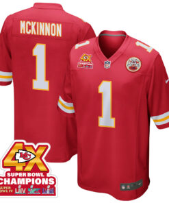 Jerick McKinnon 1 Kansas City Chiefs Super Bowl LVIII Champions 4X Game Men Jersey - Red JS8722 nicesnker
