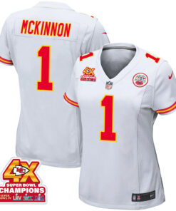 Jerick McKinnon 1 Kansas City Chiefs Super Bowl LVIII Champions 4X Game Women Jersey - White JS7061 nicesnker