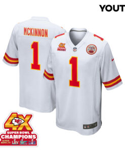 Jerick McKinnon 1 Kansas City Chiefs Super Bowl LVIII Champions 4X Game YOUTH Jersey - White JS5261 nicesnker