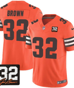 Jim Brown 32 Cleveland Browns Jim Brown Memorial Patch Game Men Jersey - Orange JS9463 nicesnker