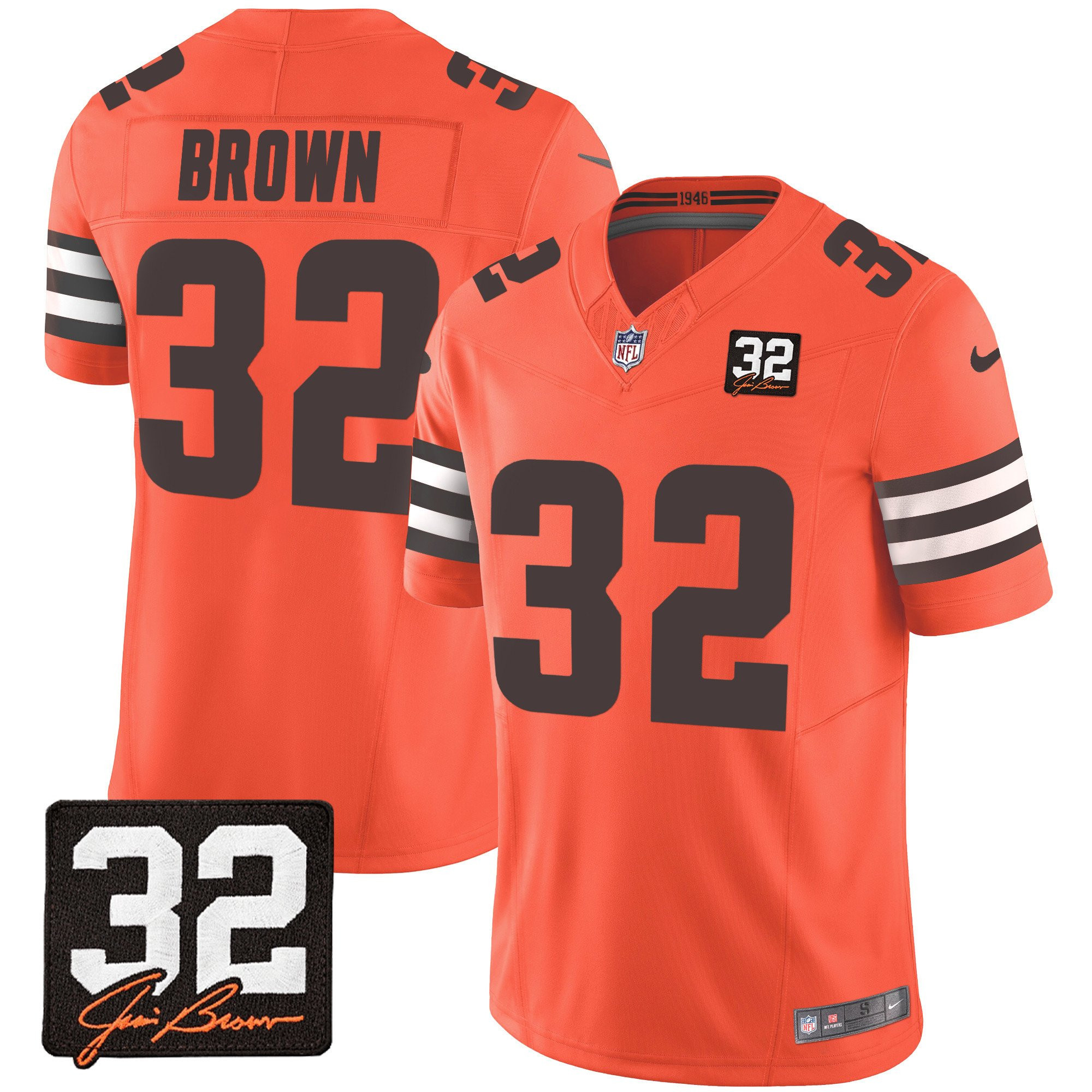 Jim Brown 32 Cleveland Browns Jim Brown Memorial Patch Game Men Jersey - Orange JS9463 nicesnker