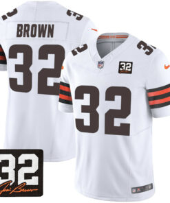 Jim Brown 32 Cleveland Browns Jim Brown Memorial Patch Game Men Jersey - White JS6856 nicesnker