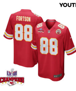 Jody Fortson 88 Kansas City Chiefs Super Bowl LVIII Champions 4 Stars Patch Game YOUTH Jersey - Red JS3597 nicesnker