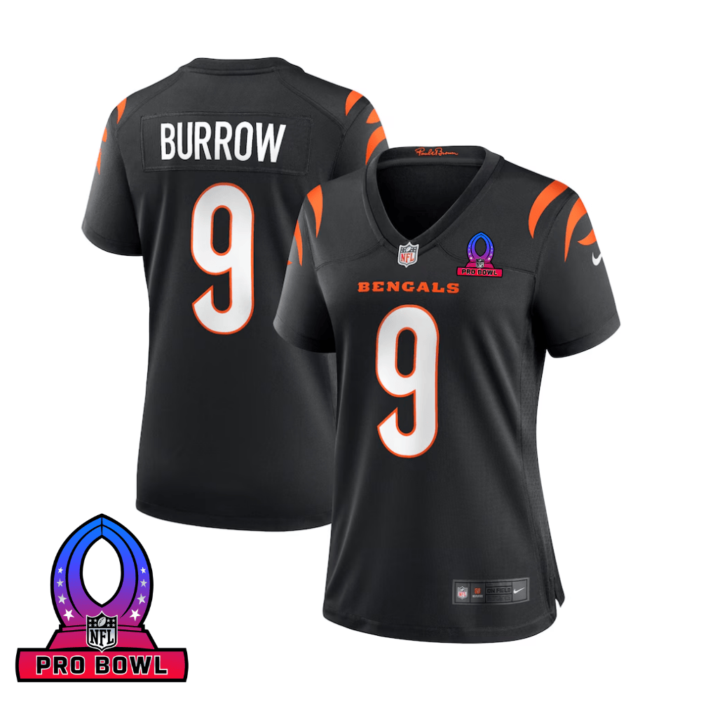 Joe Burrow 9 Cincinnati Bengals 2025 Pro Bowl Patch Women Game Jersey - Black JS8434 nicesnker