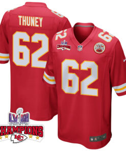 Joe Thuney 62 Kansas City Chiefs Super Bowl LVIII Champions 4 Stars Patch Game Men Jersey - Red JS6177 nicesnker