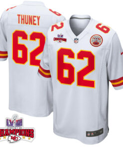 Joe Thuney 62 Kansas City Chiefs Super Bowl LVIII Champions 4 Stars Patch Game Men Jersey - White JS5046 nicesnker