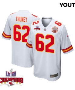 Joe Thuney 62 Kansas City Chiefs Super Bowl LVIII Champions 4 Stars Patch Game YOUTH Jersey - White JS5703 nicesnker