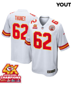 Joe Thuney 62 Kansas City Chiefs Super Bowl LVIII Champions 4X Game YOUTH Jersey - White JS3922 nicesnker