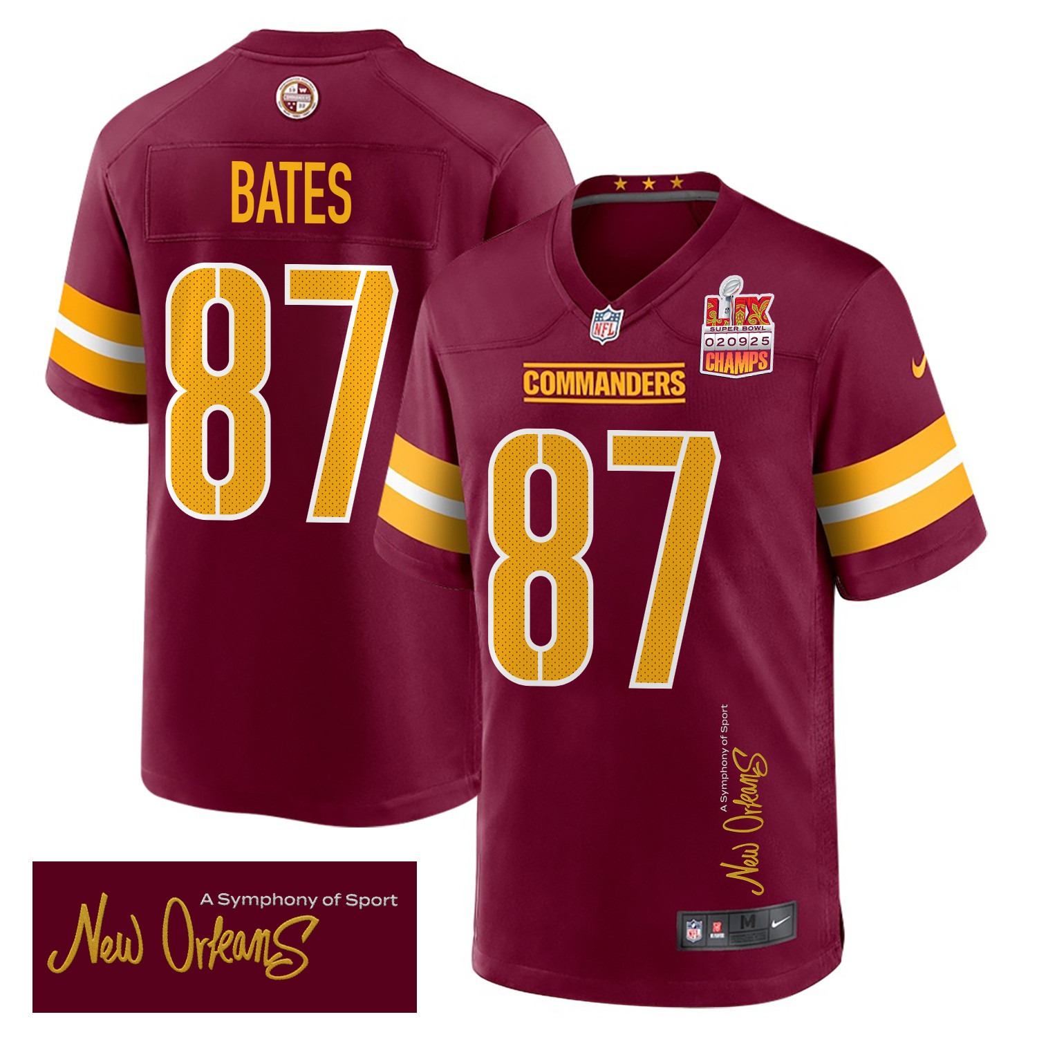 John Bates 87 Washington Commanders Super Bowl LIX Champions Patch 'New Orleans - A Symphony of Sport' EMBROIDERED Game Men Jersey - Burgundy JS2755 nicesnker