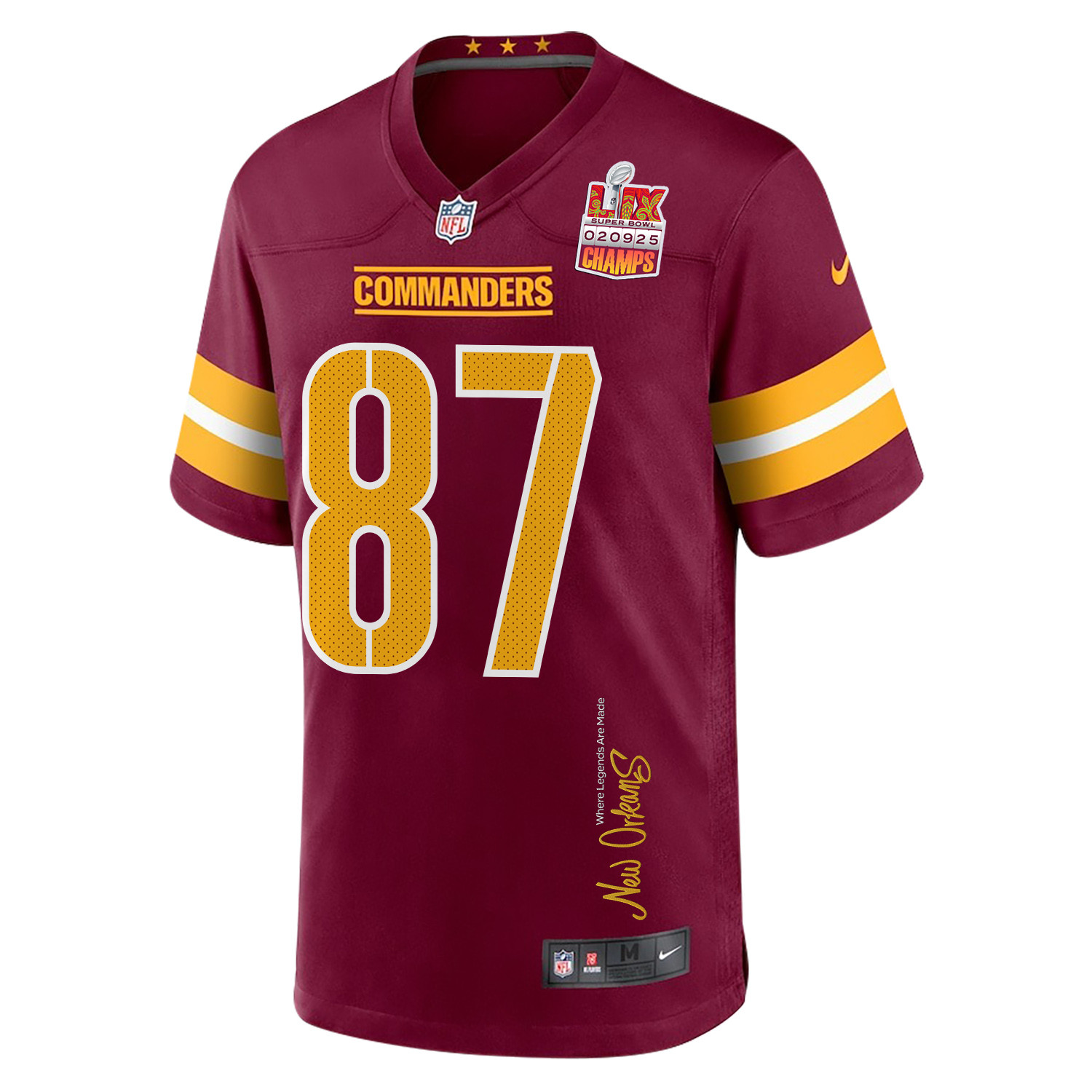 John Bates 87 Washington Commanders Super Bowl LIX Champions Patch 'New Orleans - Where Legends Are Made' EMBROIDERED Game Men Jersey - Burgundy JS1518 nicesnker - Image 3