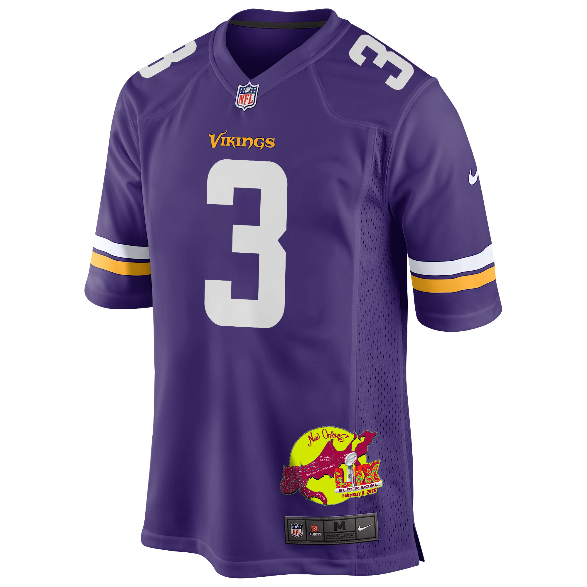 Jordan Addison 3 Minnesota Vikings Super Bowl LIX New Orleans Patch Game Men Jersey - Purple JS9471 nicesnker - Image 3
