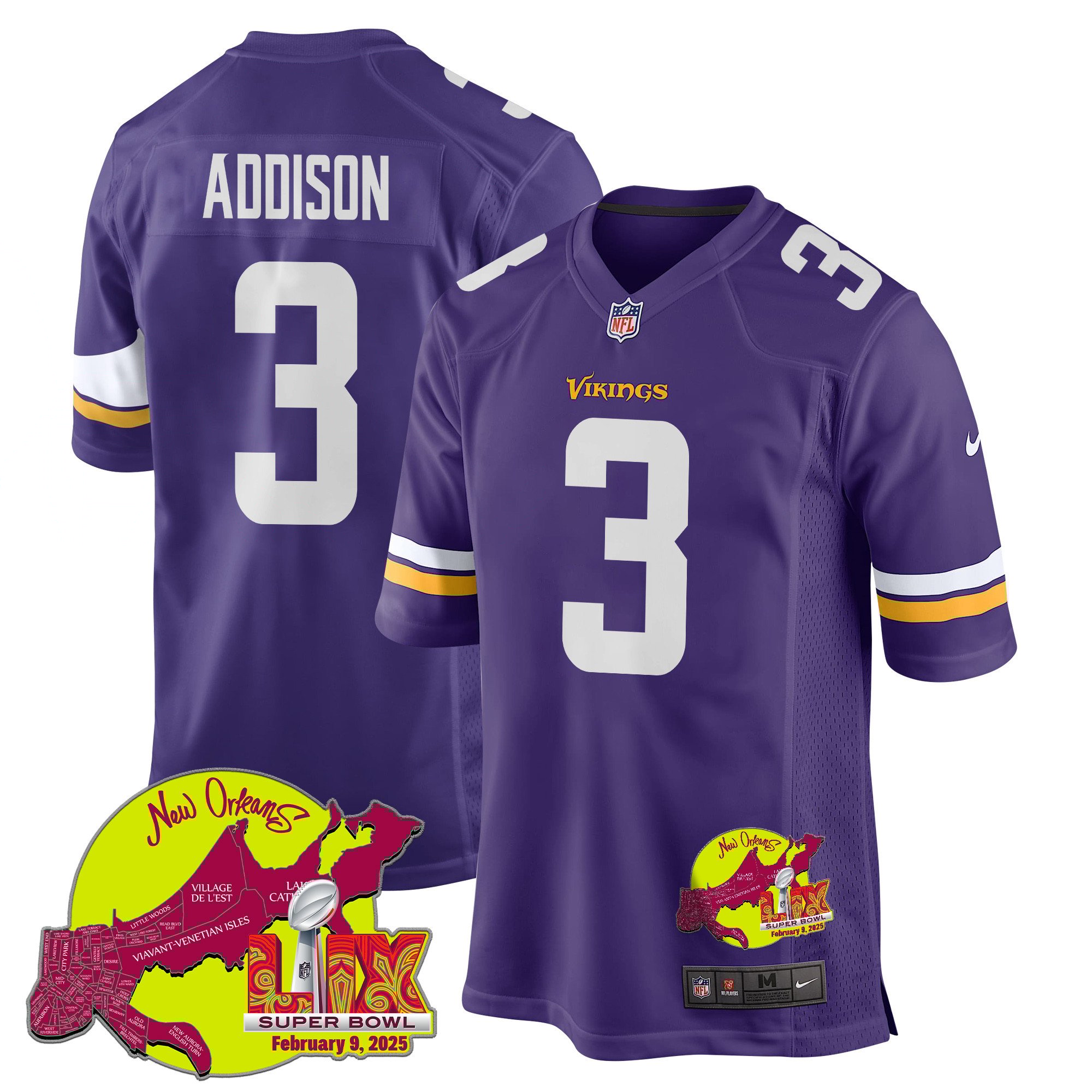 Jordan Addison 3 Minnesota Vikings Super Bowl LIX New Orleans Patch Game Men Jersey - Purple JS9471 nicesnker