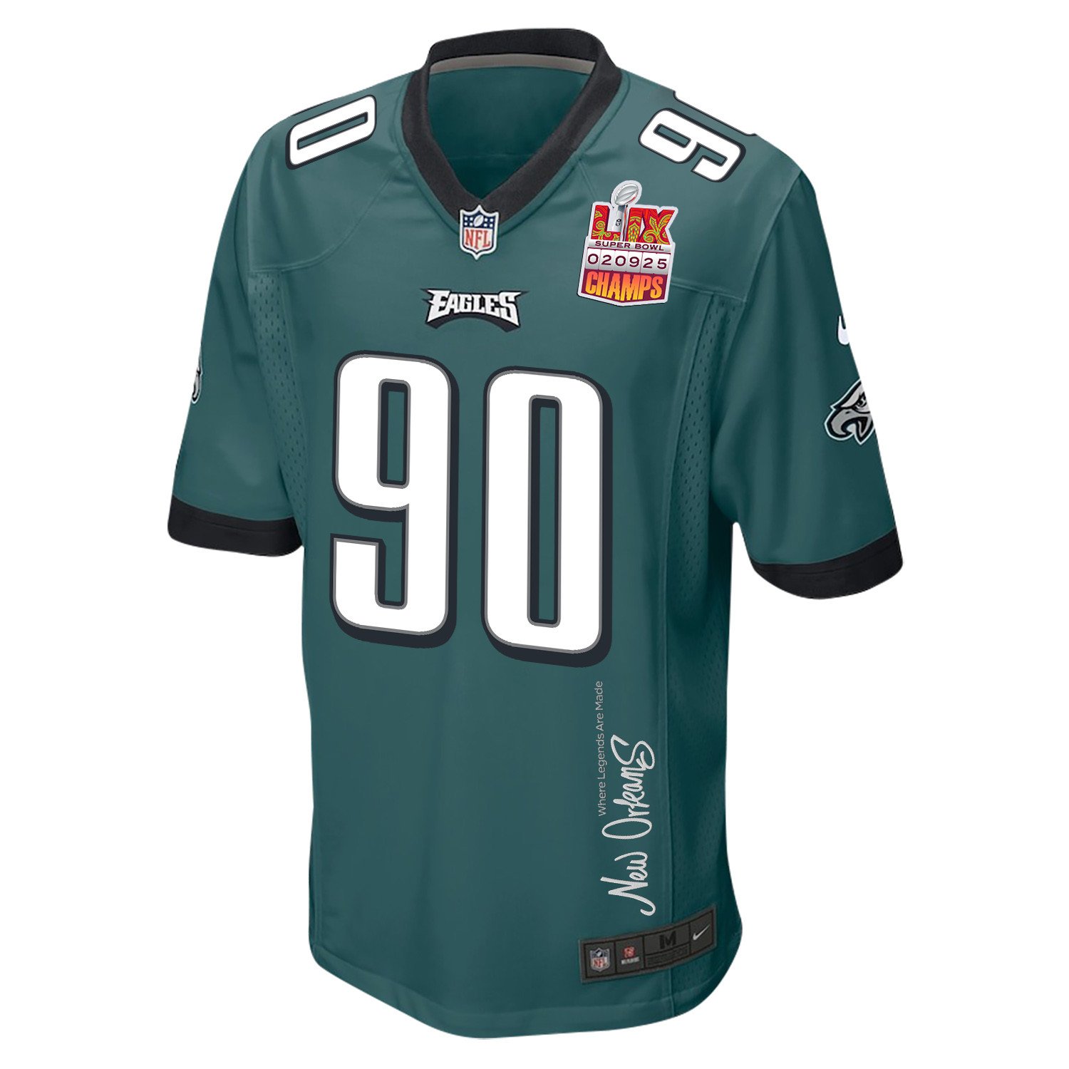 Jordan Davis 90 Philadelphia Eagles Super Bowl LIX Champions Patch 'New Orleans - Where Legends Are Made' EMBROIDERED Game Men Jersey - Midnight Green JS3454 nicesnker - Image 3