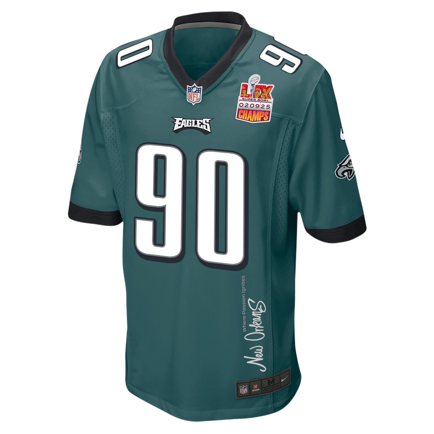 Jordan Davis 90 Philadelphia Eagles Super Bowl LIX Champions Patch 'New Orleans - Where Passion Ignites' EMBROIDERED Game Men Jersey - Midnight Green JS1148 nicesnker - Image 3