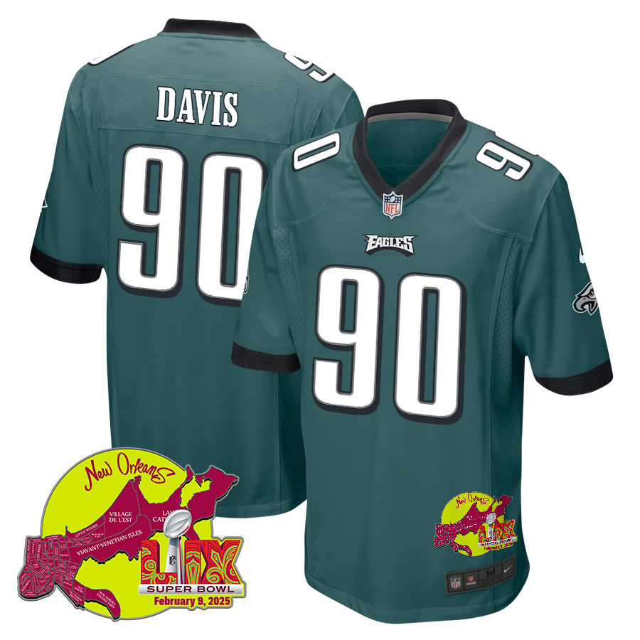 Jordan Davis 90 Philadelphia Eagles Super Bowl LIX New Orleans Patch Game Men Jersey - Midnight Green JS7772 nicesnker