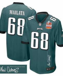 Jordan Mailata 68 Philadelphia Eagles Super Bowl LIX Champions Patch 'New Orleans - Where Legends Are Made' EMBROIDERED Game Men Jersey - Midnight Green JS4301 nicesnker