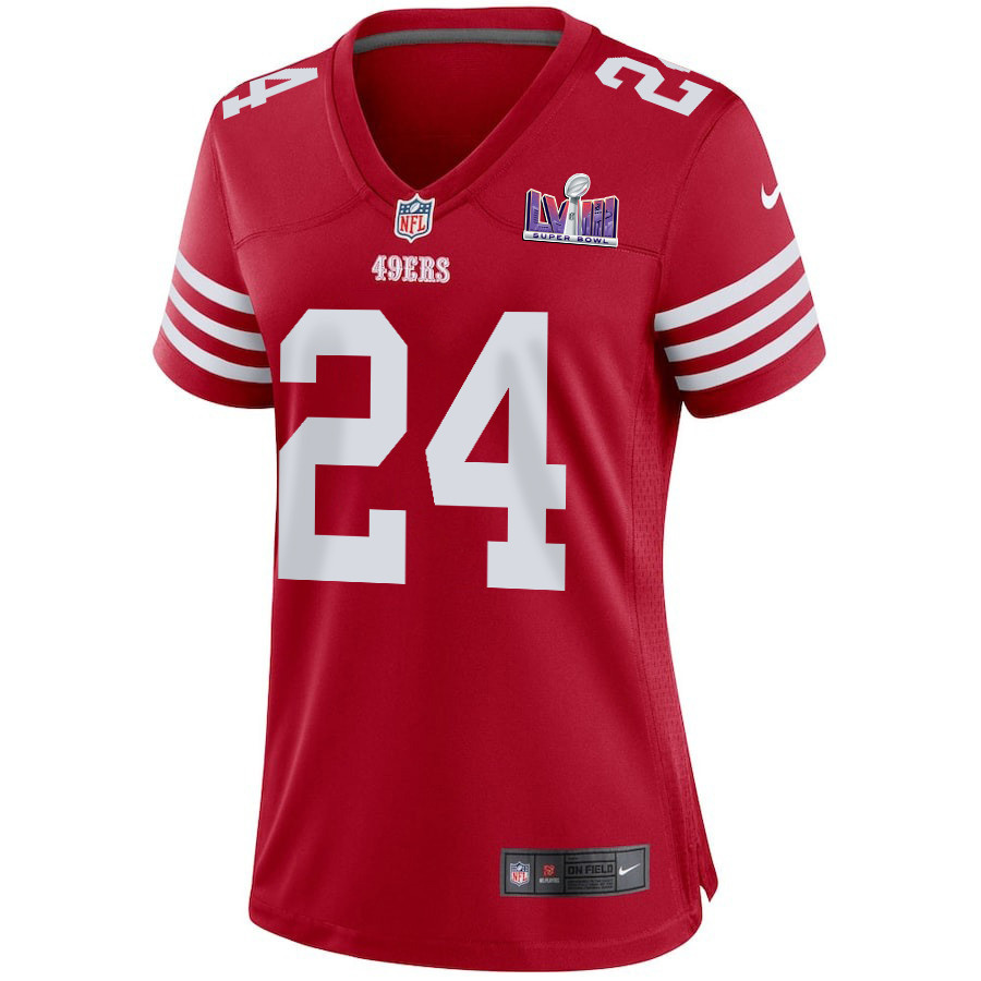Jordan Mason 24 San Francisco 49ers Super Bowl LVIII Patch Game Women Jersey - Scarlet JS2453 nicesnker - Image 2