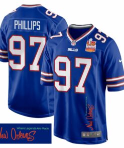 Jordan Phillips 97 Buffalo Bills Super Bowl LIX Champions Patch 'New Orleans - Where Legends Are Made' EMBROIDERED Game Men Jersey - Royal JS2766 nicesnker