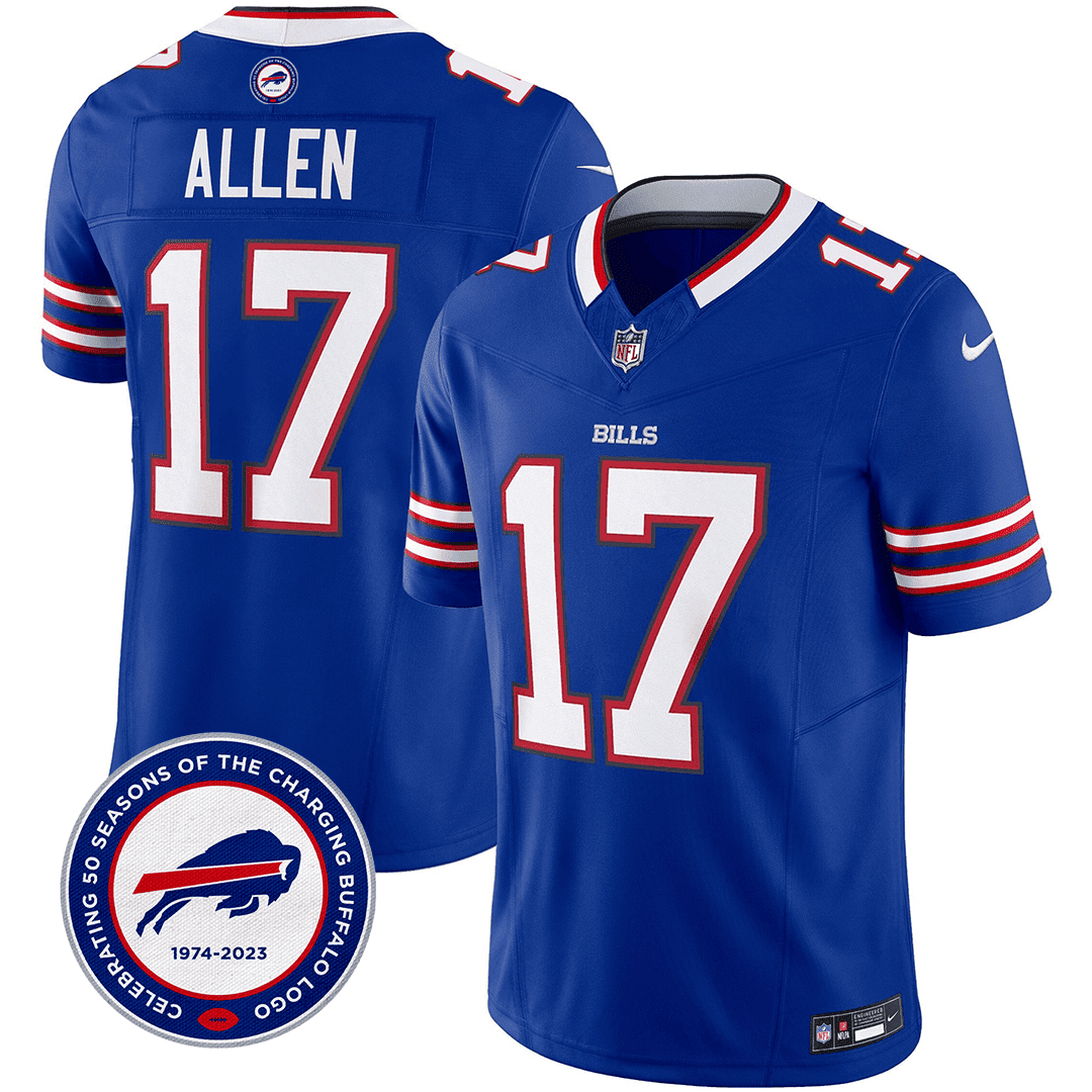 Josh Allen 17 Buffalo Bills 50th Charging Logo Patch Game Men Jersey - Royal JS4695 nicesnker