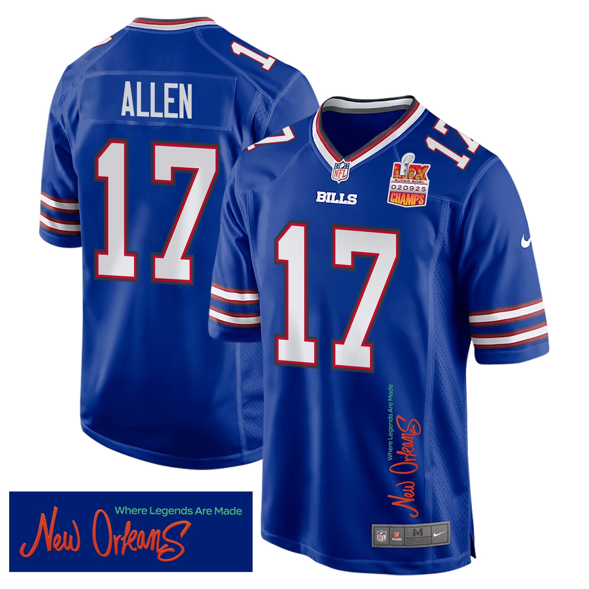 Josh Allen 17 Buffalo Bills Super Bowl LIX Champions Patch 'New Orleans - Where Legends Are Made' EMBROIDERED Game Men Jersey - Royal JS3633 nicesnker
