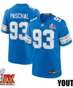 Josh Paschal #93 Detroit Lions Super Bowl LIX YOUTH Jersey - Blue JS7362 nicesnker