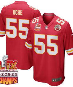 Joshua Uche 55 Kansas City Chiefs Super Bowl LIX Champions Patch Game Men Jersey - Red JS1594 nicesnker