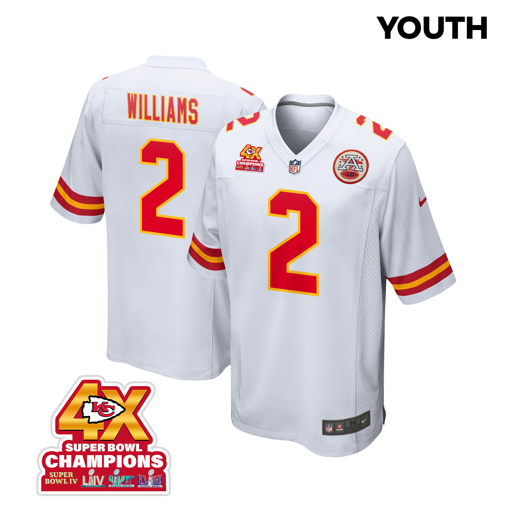 Joshua Williams 2 Kansas City Chiefs Super Bowl LVIII Champions 4X Game YOUTH Jersey - White JS6373 nicesnker