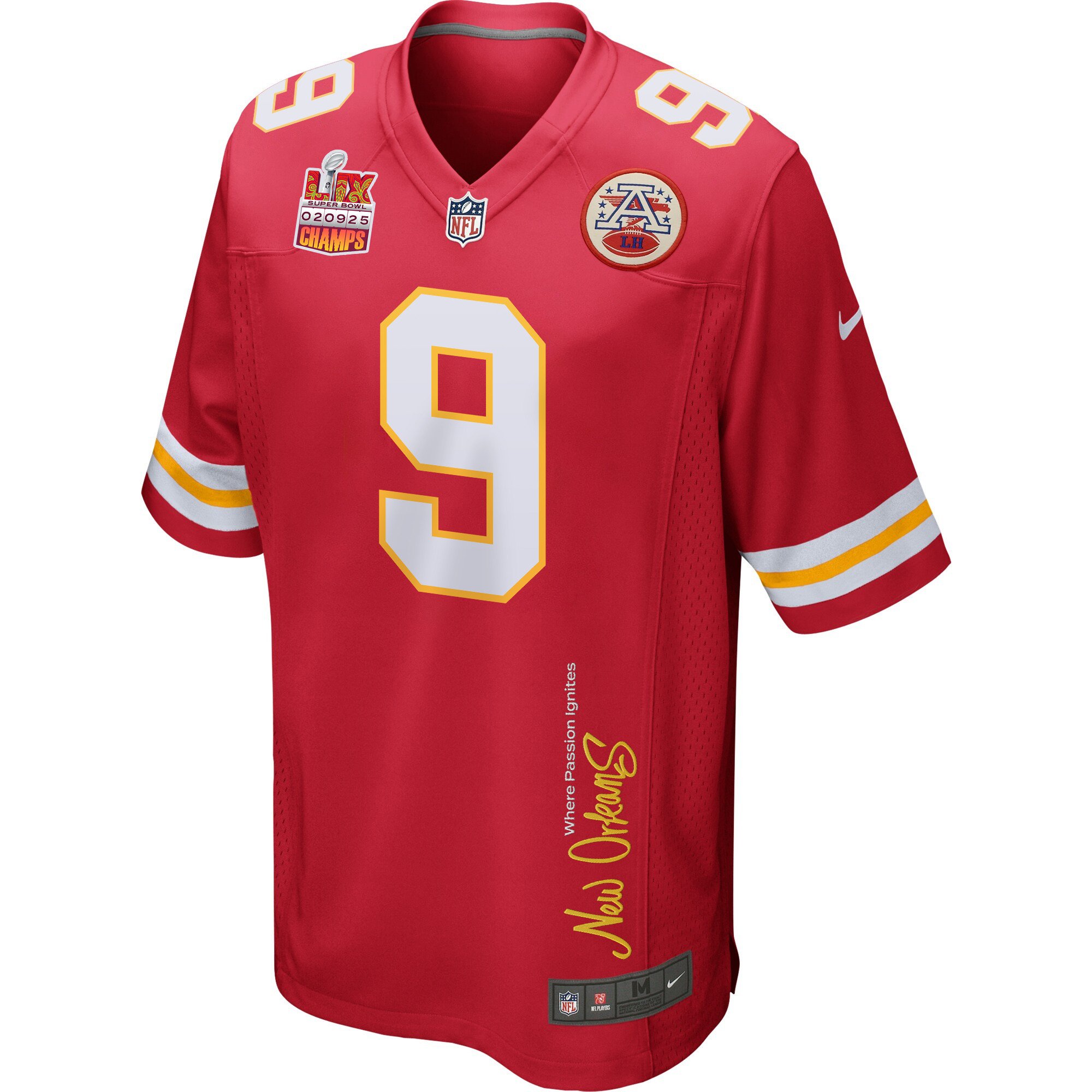 JuJu Smith-Schuster 9 Kansas City Chiefs Super Bowl LIX Champions Patch 'New Orleans - Where Passion Ignites' EMBROIDERED Game Men Jersey - Red JS6435 nicesnker - Image 3