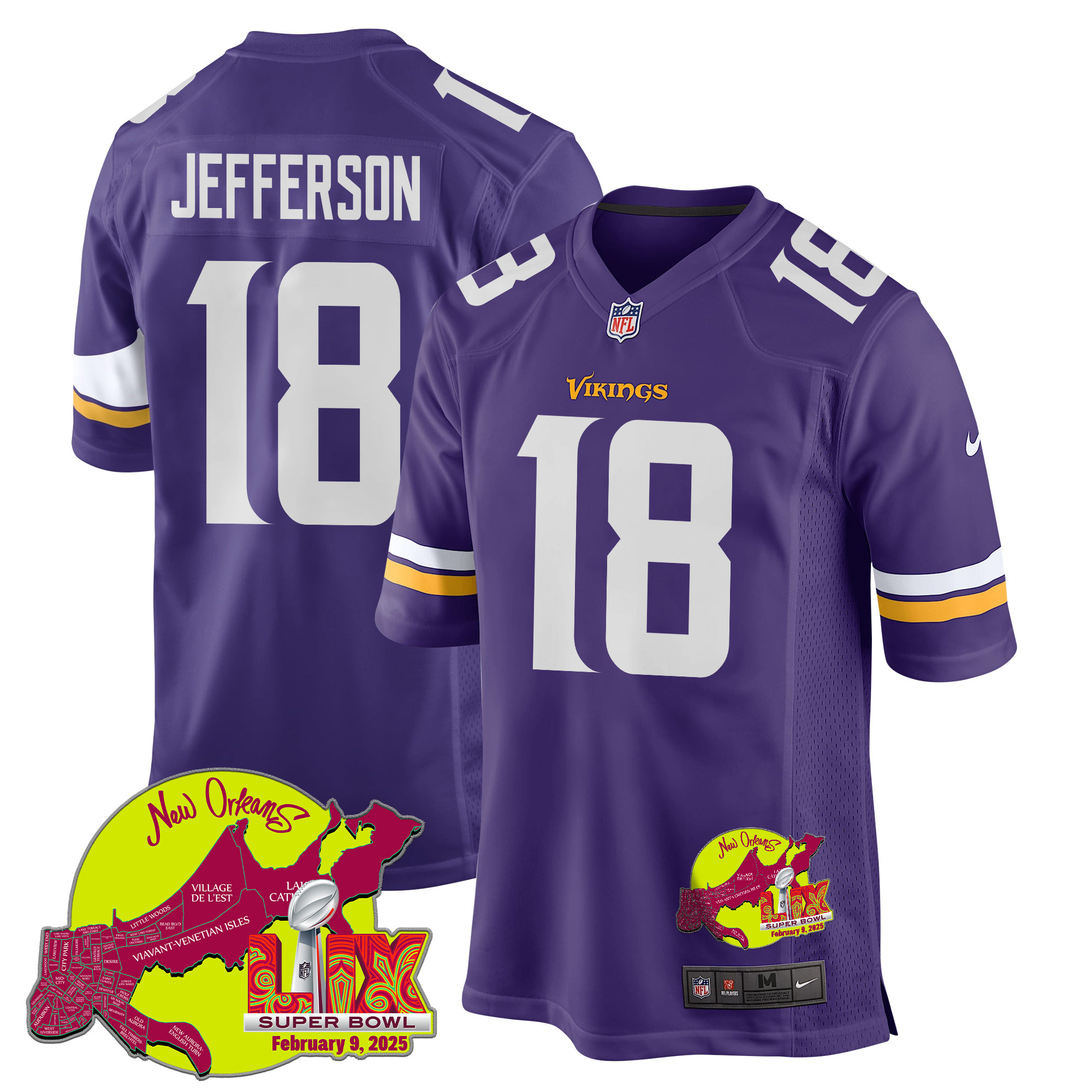 Justin Jefferson 18 Minnesota Vikings Super Bowl LIX New Orleans Patch Game Men Jersey - Purple JS8059 nicesnker