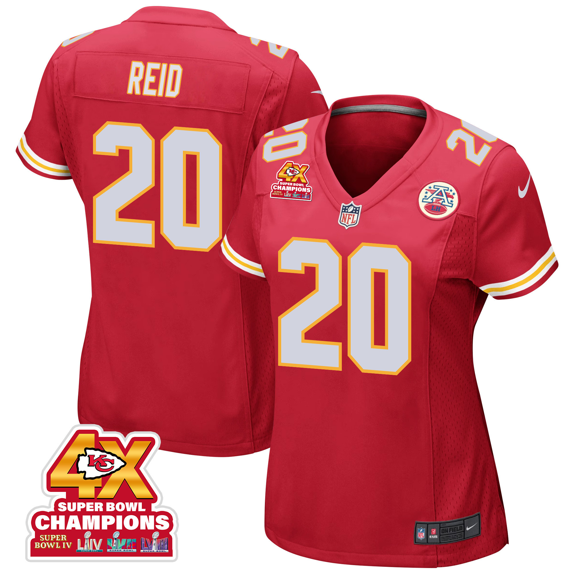 Justin Reid 20 Kansas City Chiefs Super Bowl LVIII Champions 4X Game Women Jersey - Red JS1948 nicesnker