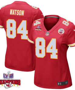 Justin Watson 84 Kansas City Chiefs Super Bowl LVIII Champions 4 Stars Patch Game Women Jersey - Red JS9859 nicesnker