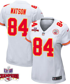 Justin Watson 84 Kansas City Chiefs Super Bowl LVIII Champions 4 Stars Patch Game Women Jersey - White JS6137 nicesnker