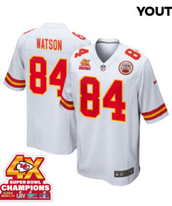 Justin Watson 84 Kansas City Chiefs Super Bowl LVIII Champions 4X Game YOUTH Jersey - White JS8546 nicesnker