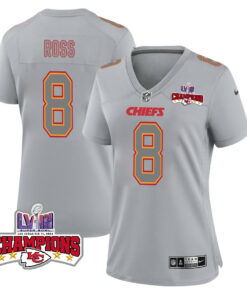 Justyn Ross 8 Kansas City Chiefs Super Bowl LVIII Champions 4 Stars Patch Atmosphere Fashion Game Women Jersey - Gray JS8326 nicesnker