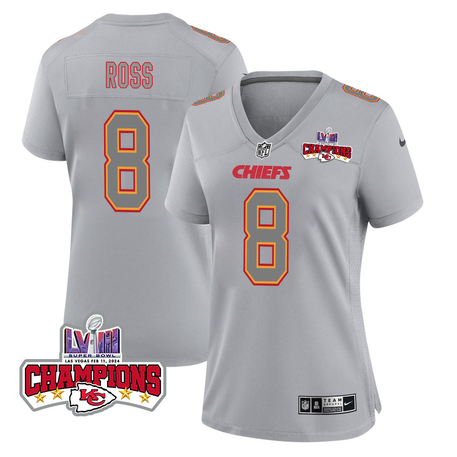 Justyn Ross 8 Kansas City Chiefs Super Bowl LVIII Champions 4 Stars Patch Atmosphere Fashion Game Women Jersey - Gray JS8326 nicesnker