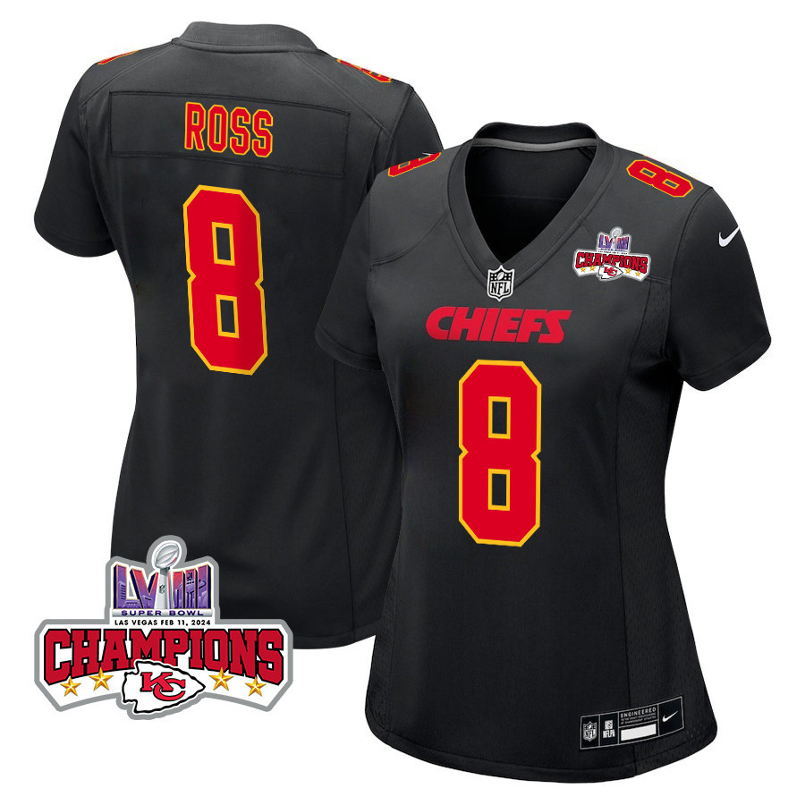 Justyn Ross 8 Kansas City Chiefs Super Bowl LVIII Champions 4 Stars Patch Fashion Game Women Jersey - Carbon Black JS1136 nicesnker