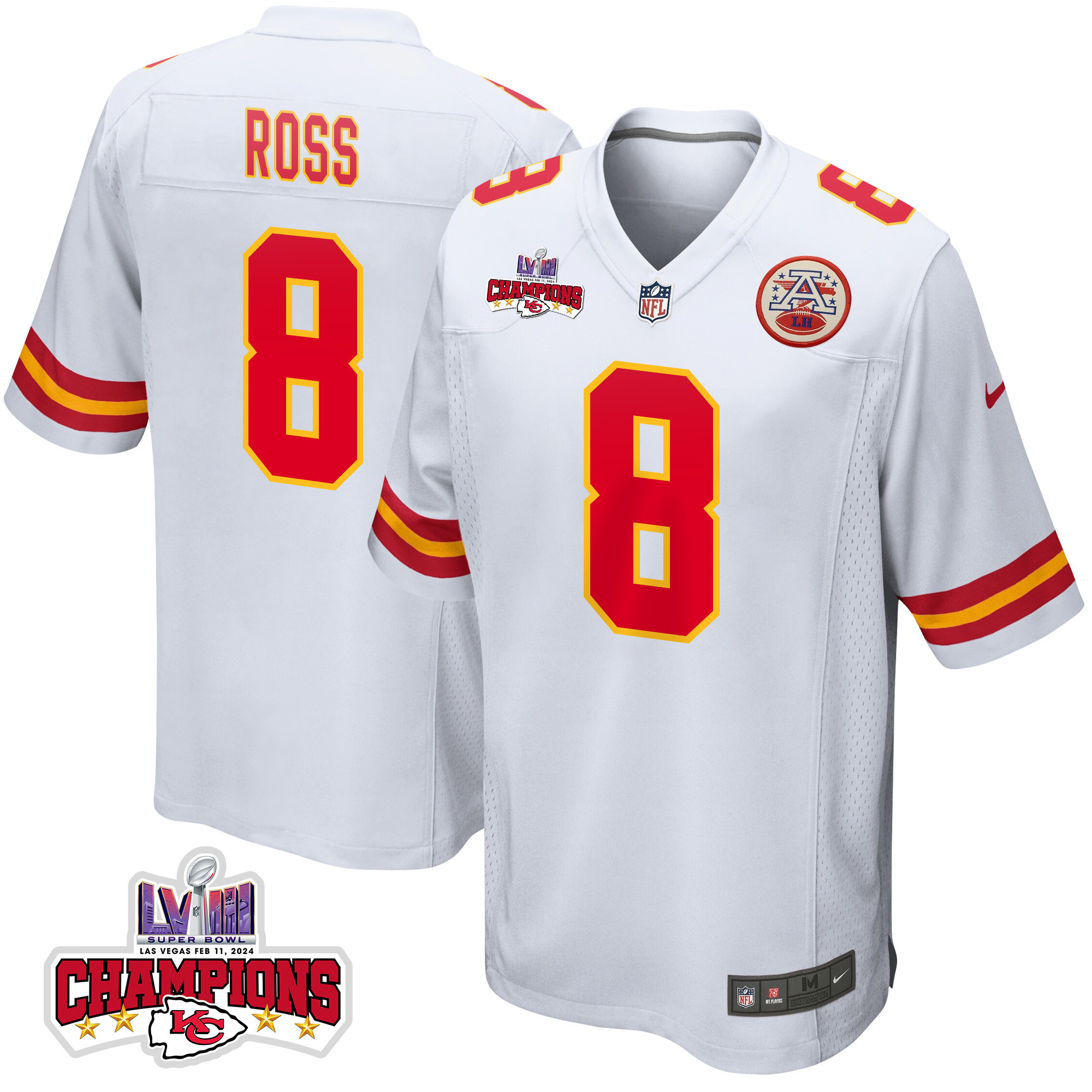 Justyn Ross 8 Kansas City Chiefs Super Bowl LVIII Champions 4 Stars Patch Game Men Jersey - White JS6601 nicesnker