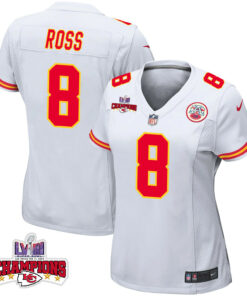 Justyn Ross 8 Kansas City Chiefs Super Bowl LVIII Champions 4 Stars Patch Game Women Jersey - White JS8048 nicesnker