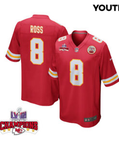 Justyn Ross 8 Kansas City Chiefs Super Bowl LVIII Champions 4 Stars Patch Game YOUTH Jersey - Red JS2784 nicesnker